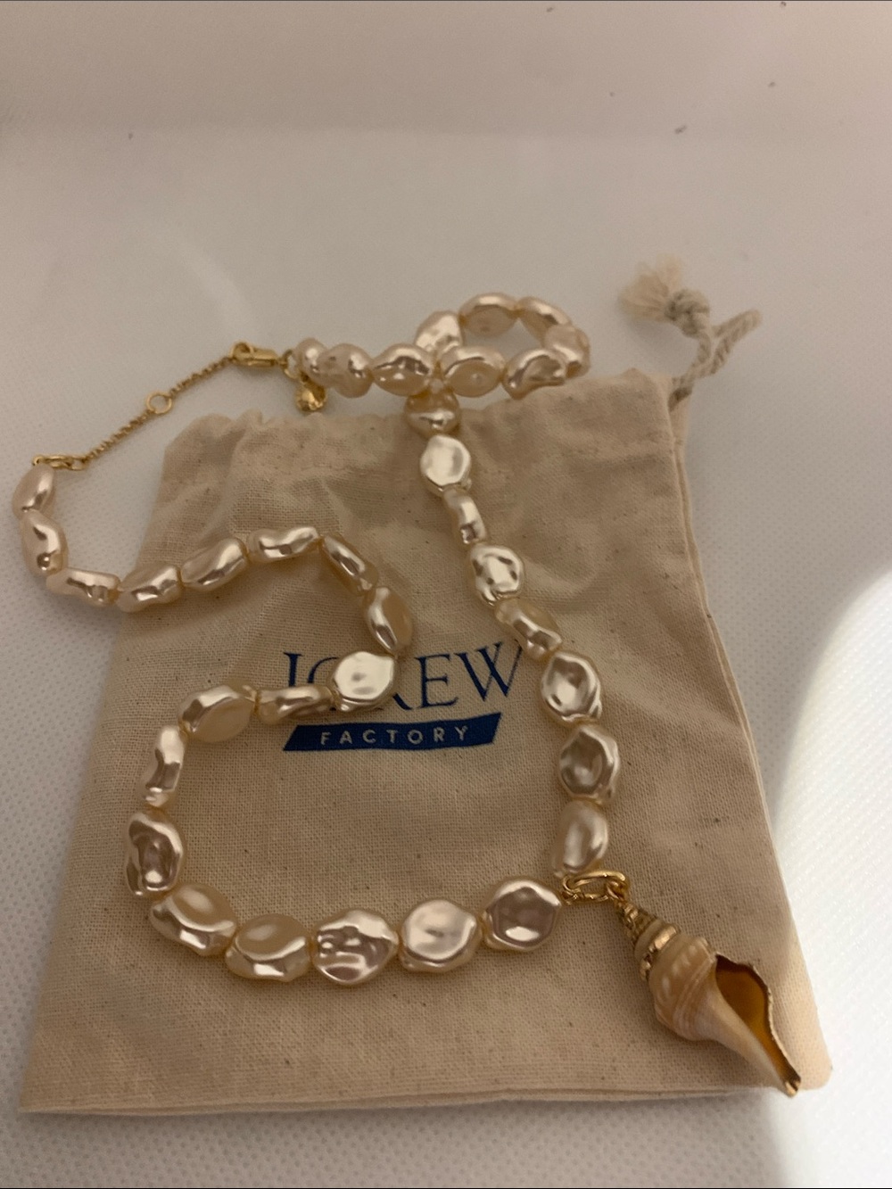 J.Crew Cream/Champagne hue  Pearl Necklace with Gold Shell Pendant